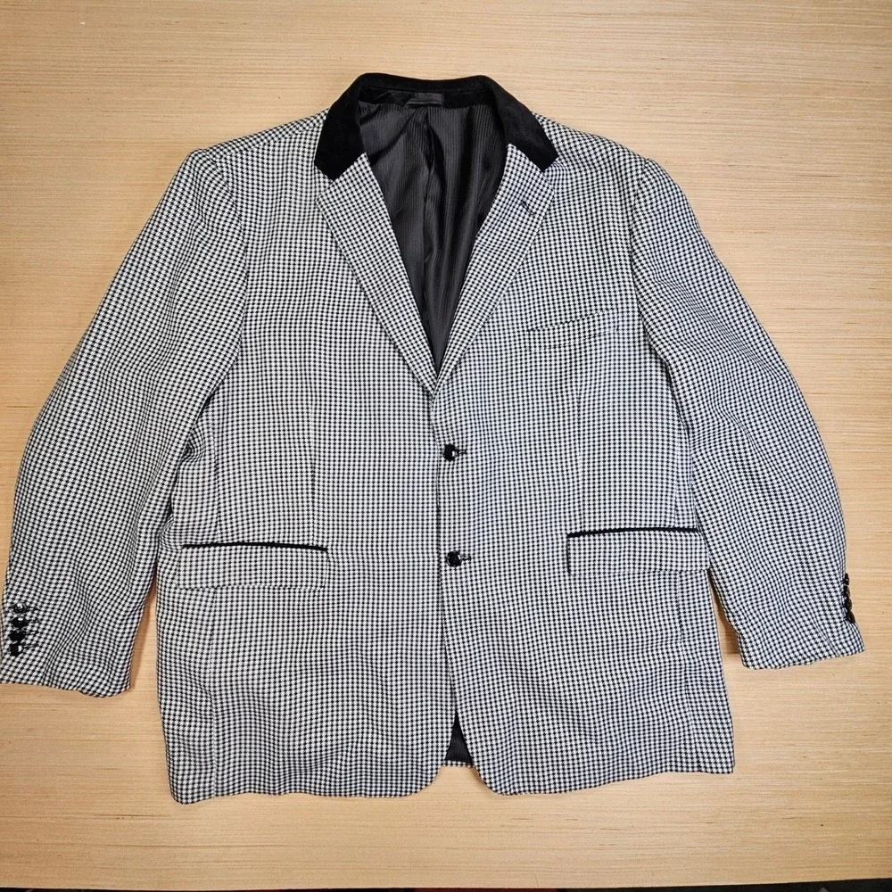 EJ‎ Samuel 3 Piece Suit Mens 54R 48x28 Black Houndstooth Velvet Trim M2692